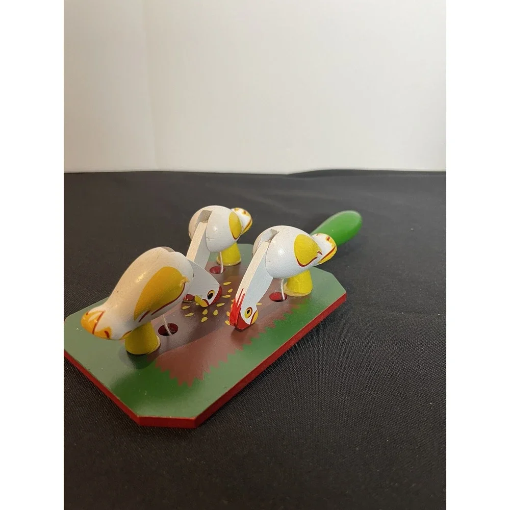Pecking Hen Toy Vintage Wood Green White Chicken